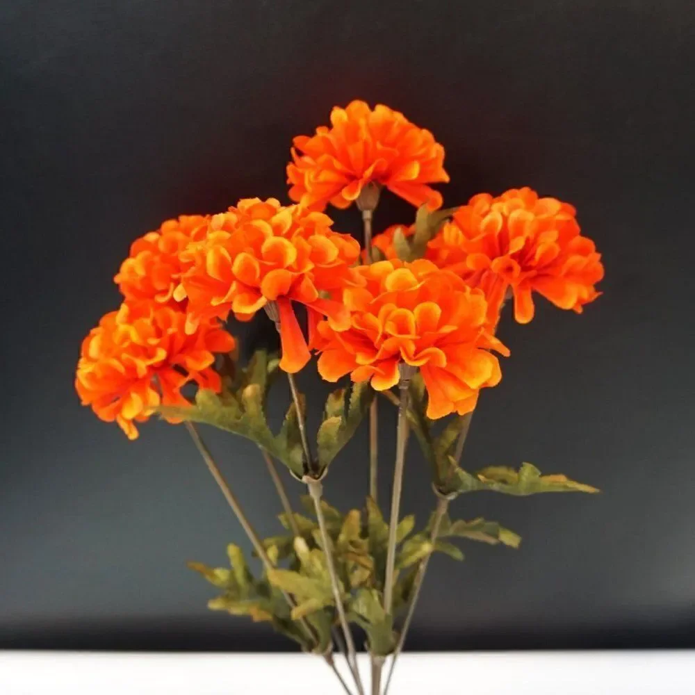 Red Marigold Floral Bush Poly Silk Artificial 13 In